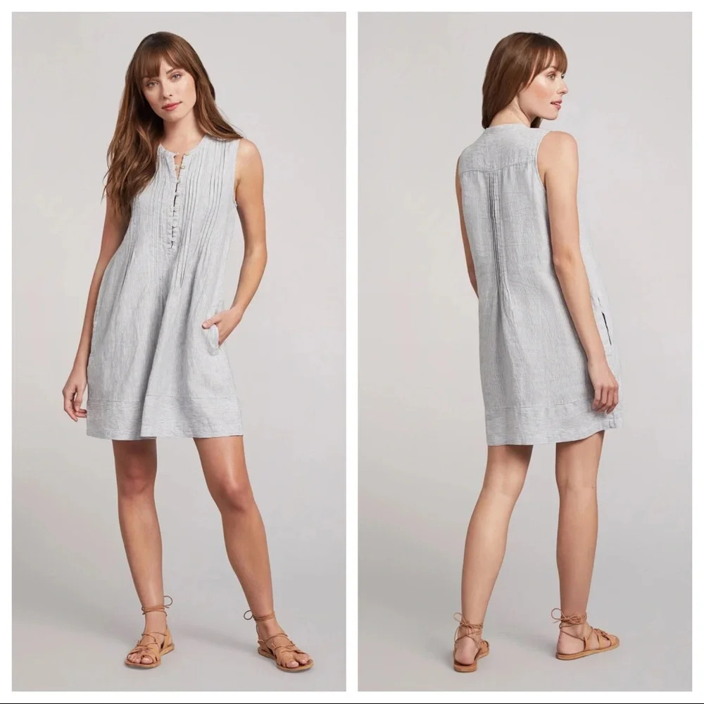 Faherty Isha 100% Linen Dress Blue Mini Stripe Pintuck WDS2119-BMT Bestseller - Picture 3 of 10